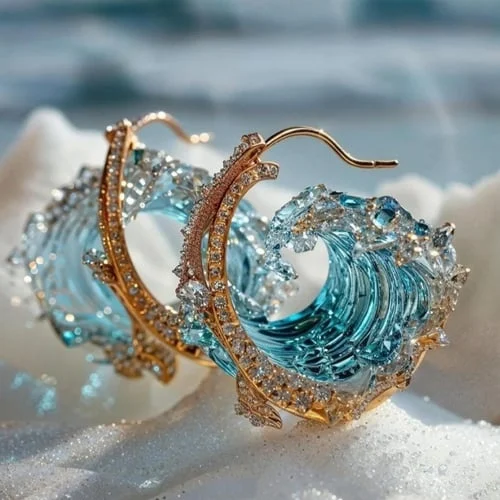 Boucles d’oreilles créoles dorées, bord pavé de strass et détails en pierres bleues