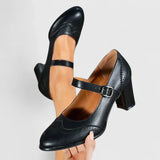 Chaussures bébé à talon noir, bride réglable avec boucle et talon carré