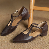 Chaussures à bride réglable marron, bride tressée avec boucle, bout pointu.