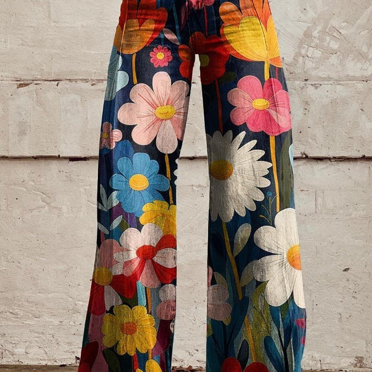 Pantalon bohème vintage ample à fleurs, taille élastique avec bouton, jambes longues