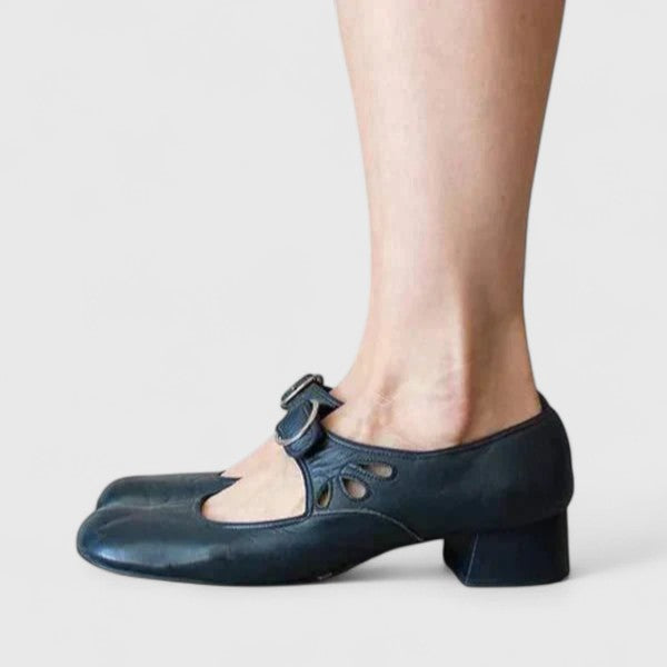 Chaussures rétro à bride, bout rond, cuir bleu foncé, talon carré