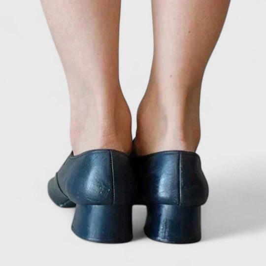 Escarpins rétro à talon carré, cuir bleu foncé, brides avant et arrière