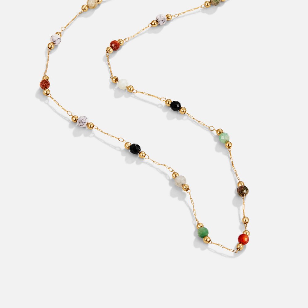 Collier chaîne dorée avec perles rondes en émail multicolore