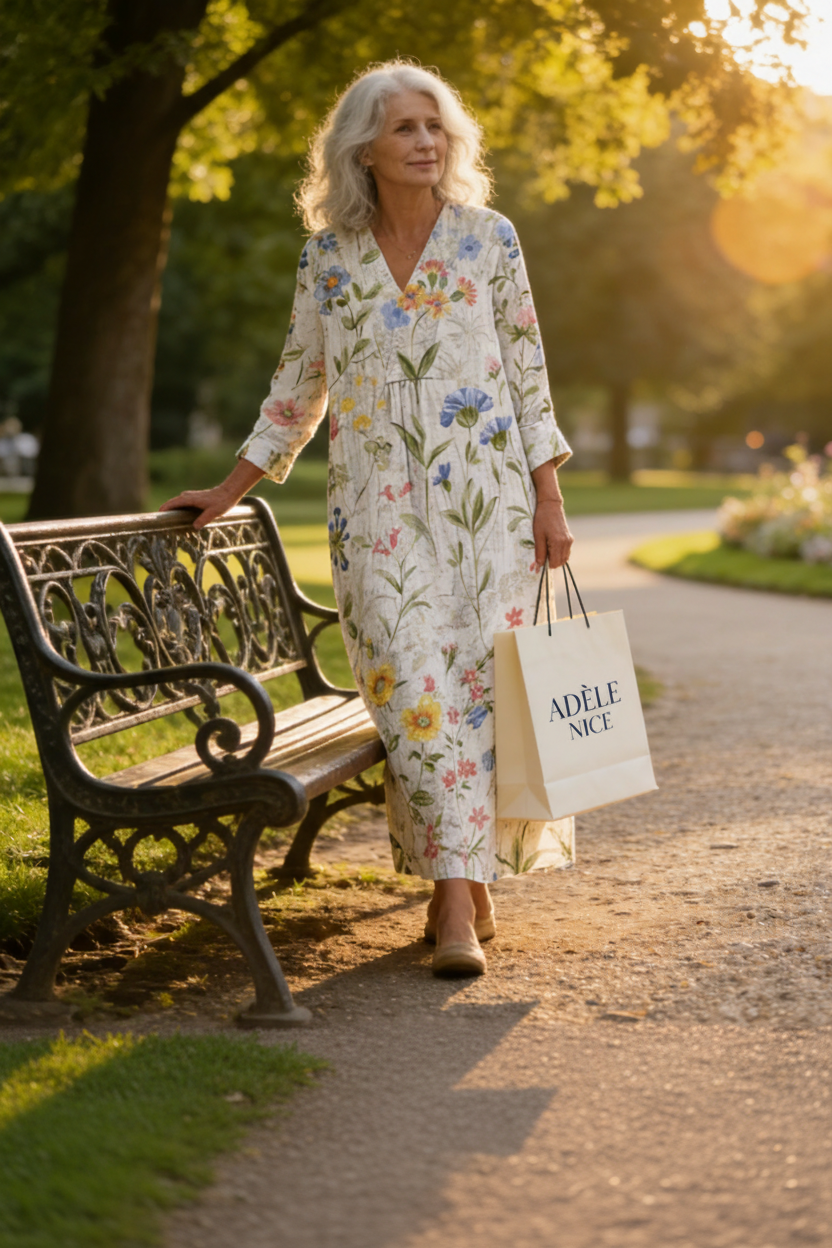 Robe d’été imprimée florale, encolure V, ceinture froncée, manches 3/4