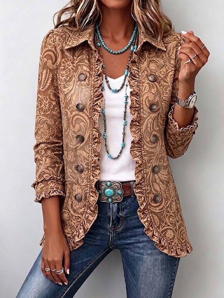 Veste bohème marron vintage à volants, manches 3/4, motifs floraux et boutons nacrés