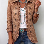 Veste bohème marron vintage à volants, manches 3/4, motifs floraux et boutons nacrés