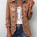 Veste bohème marron vintage à volants, manches 3/4, motifs floraux et boutons nacrés