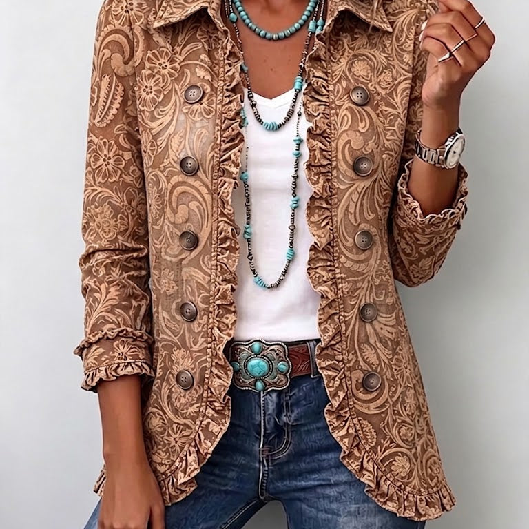 Veste bohème marron vintage à volants, manches 3/4, motifs floraux et boutons nacrés