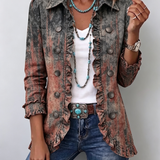 Veste vintage dégradée à volants, col boutonné, manches retroussées, texture froissée