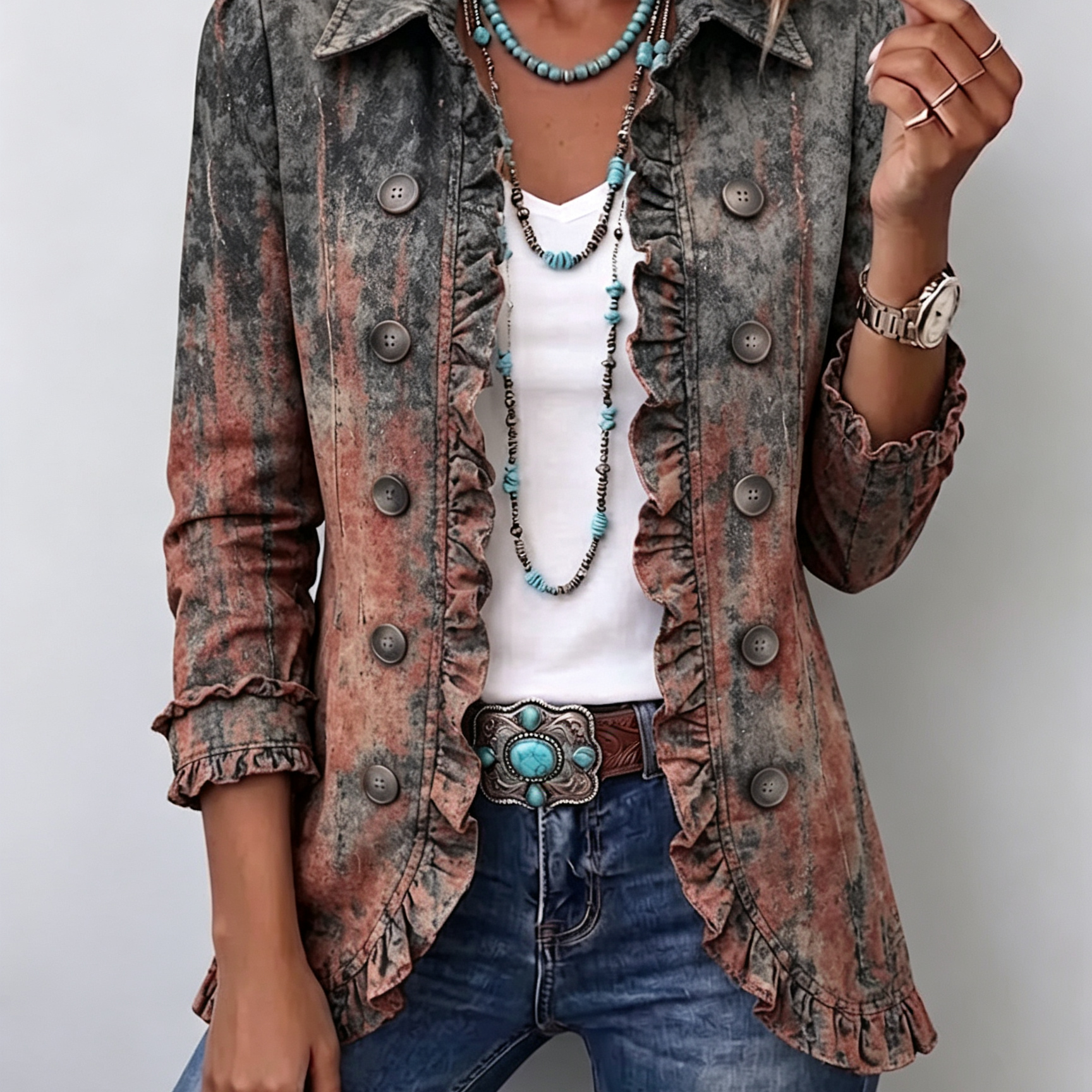 Veste vintage dégradée à volants, col boutonné, manches retroussées, texture froissée