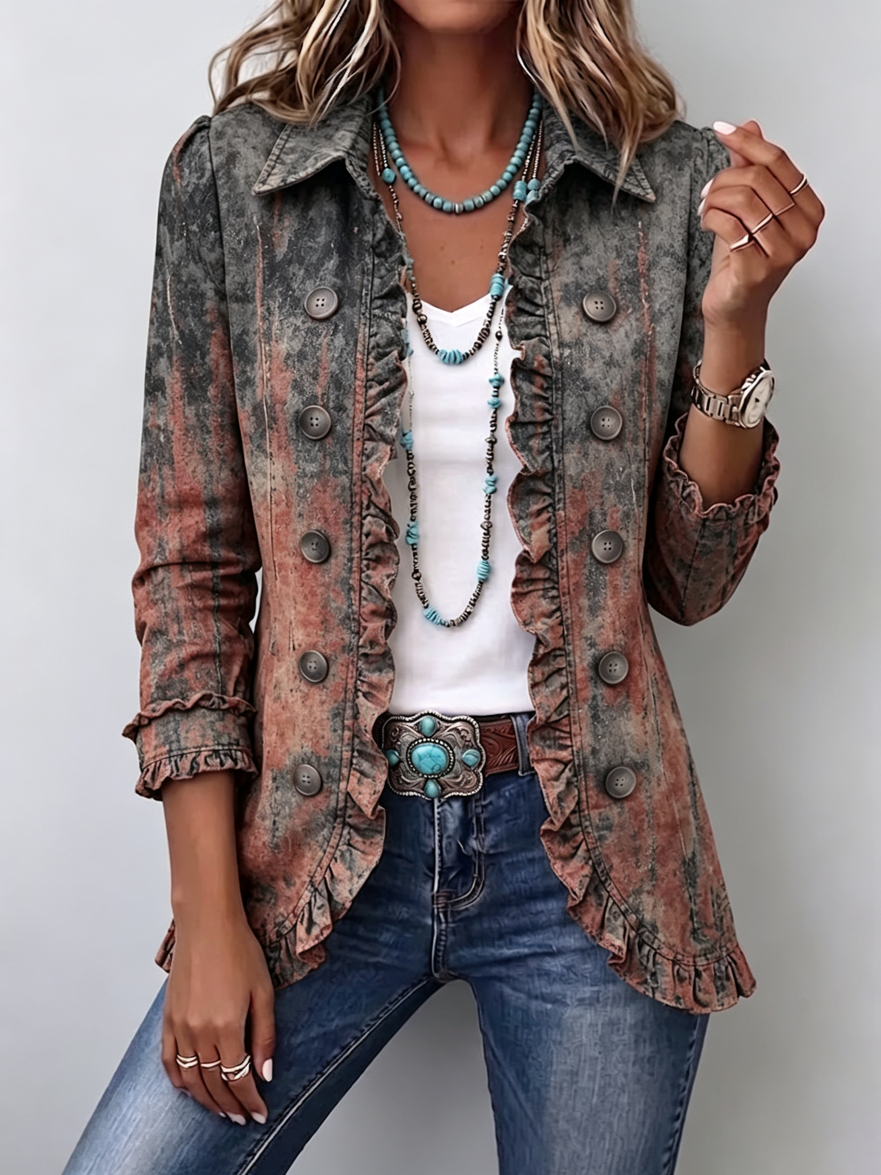 Veste vintage dégradée à volants, col boutonné, manches retroussées, texture froissée
