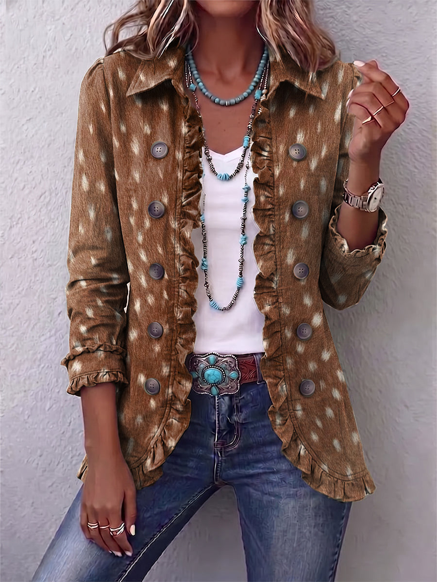 Veste bohème à volants marron imprimé animalier, boutons, manches 3/4