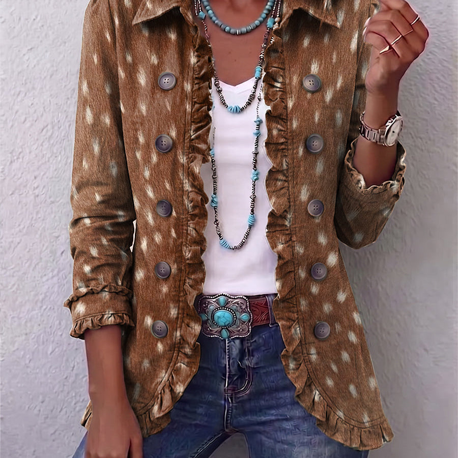 Veste bohème à volants marron imprimé animalier, boutons, manches 3/4