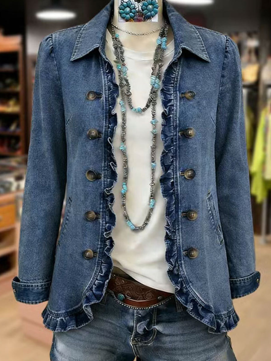Veste en jean bleu à volants, fermeture par boutons dorés, col chemise