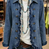 Veste en jean bleu à volants, fermeture par boutons dorés, col chemise