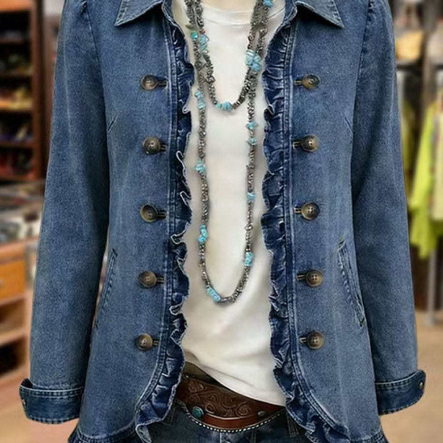 Veste en jean bleu à volants, fermeture par boutons dorés, col chemise