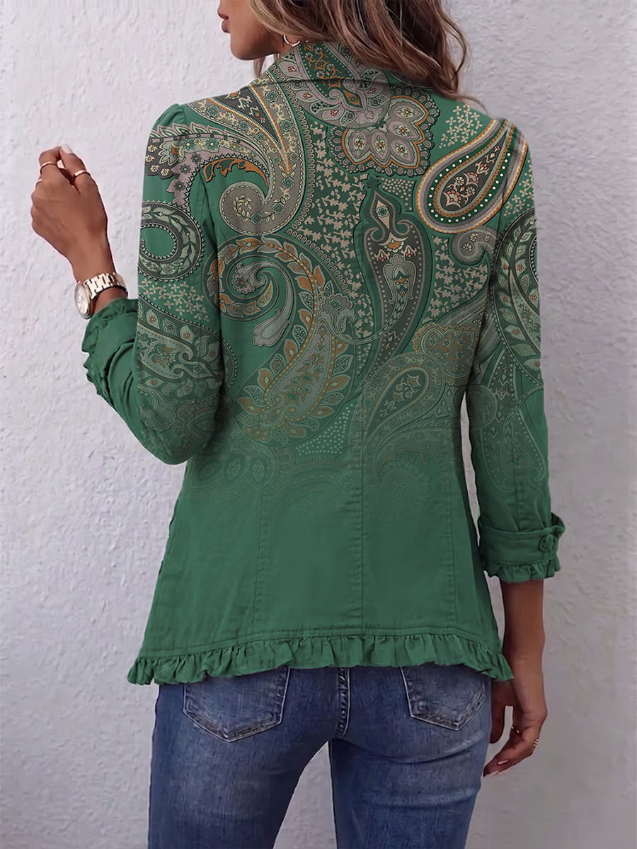 Veste bohème verte à volants, manches trois-quarts, dos avec grand motif paisley