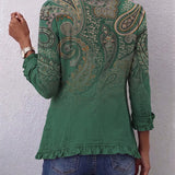 Veste bohème verte à volants, manches trois-quarts, dos avec grand motif paisley