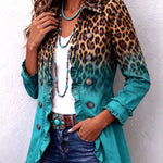 Veste blazer turquoise dégradée, motif léopard, boutons décoratifs et volants