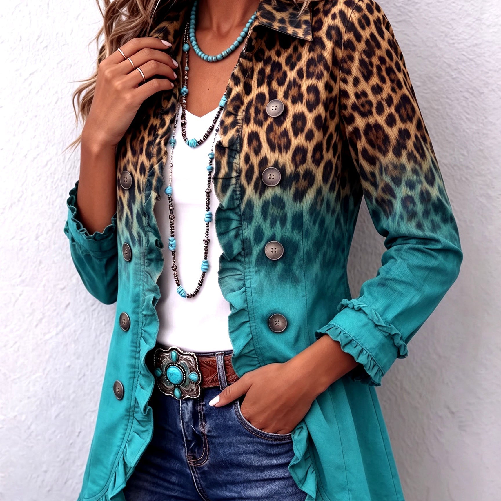 Veste blazer turquoise dégradée, motif léopard, boutons décoratifs et volants