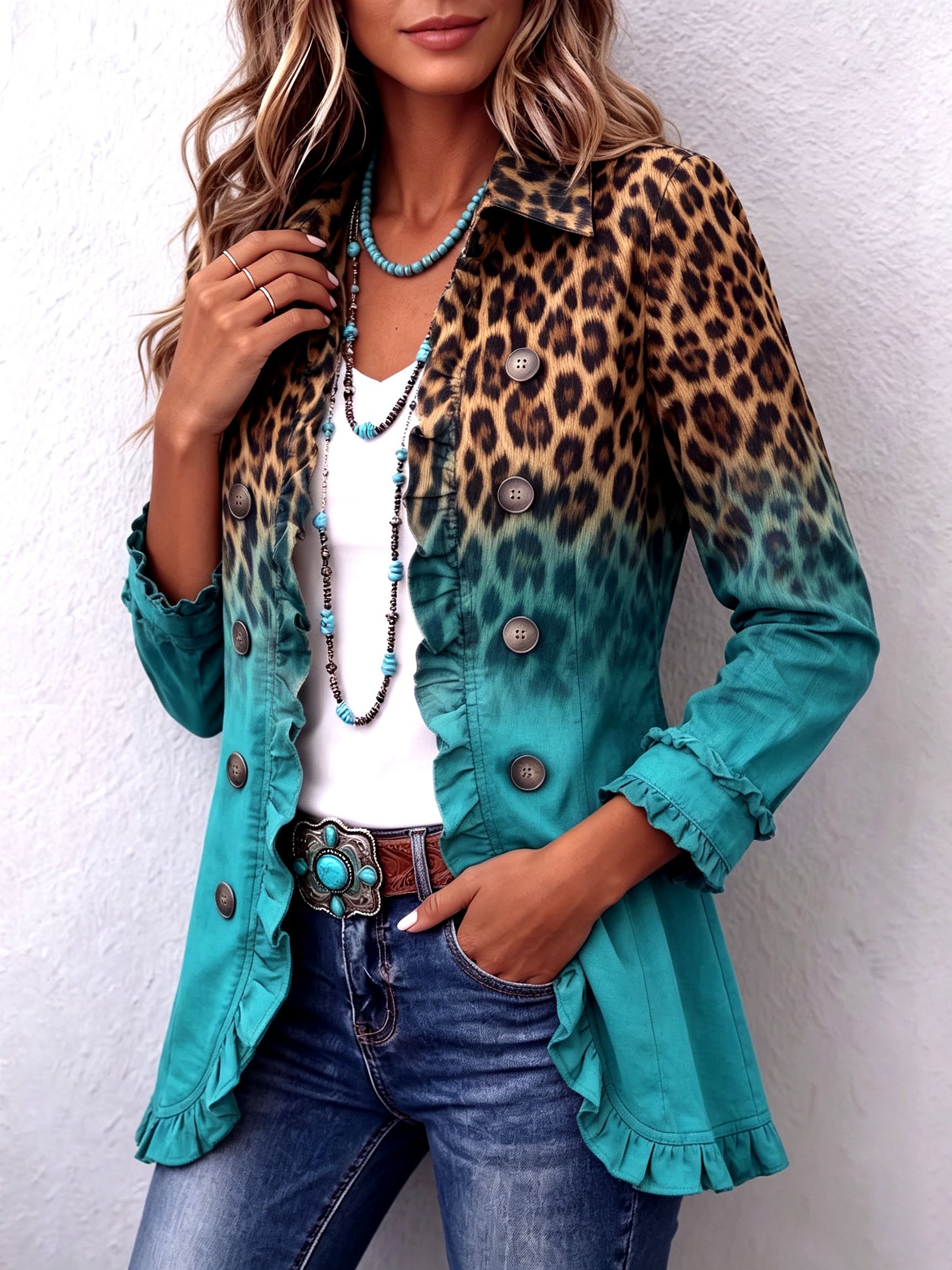 Veste blazer turquoise dégradée, motif léopard, boutons décoratifs et volants