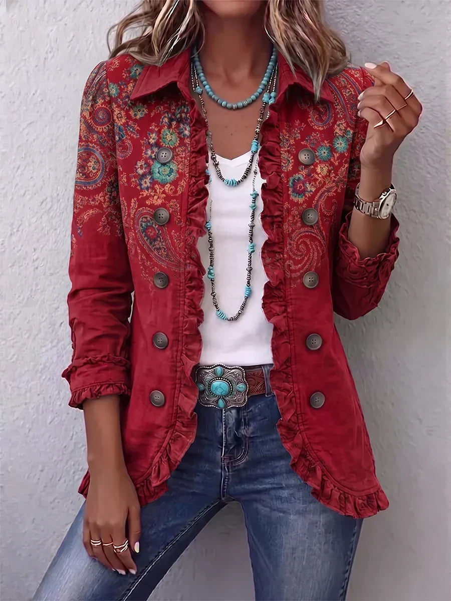 Veste bohème rouge à motifs cachemire, boutons et volants sur le col, manches 3/4