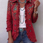 Veste bohème rouge à motifs cachemire, boutons et volants sur le col, manches 3/4