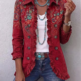 Veste bohème rouge à motifs cachemire, boutons et volants sur le col, manches 3/4