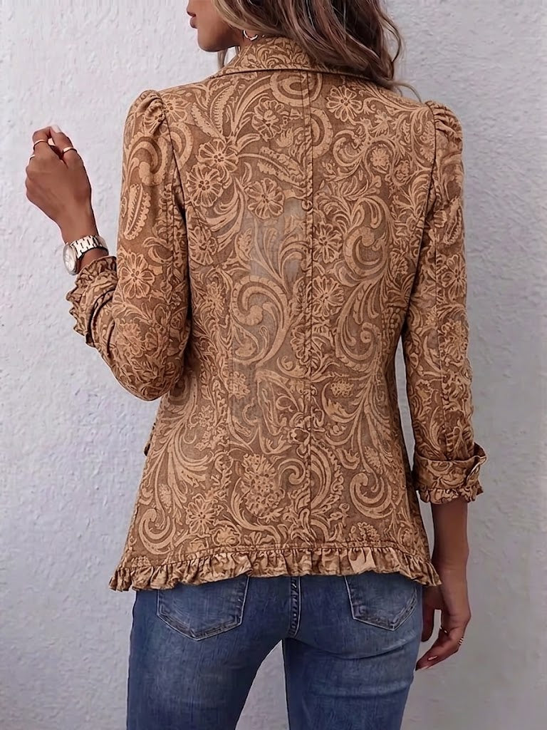 Veste bohème marron vintage dos boutonné, imprimé floral, ourlet à volants