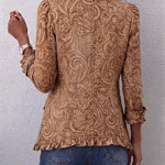 Veste bohème marron vintage dos boutonné, imprimé floral, ourlet à volants