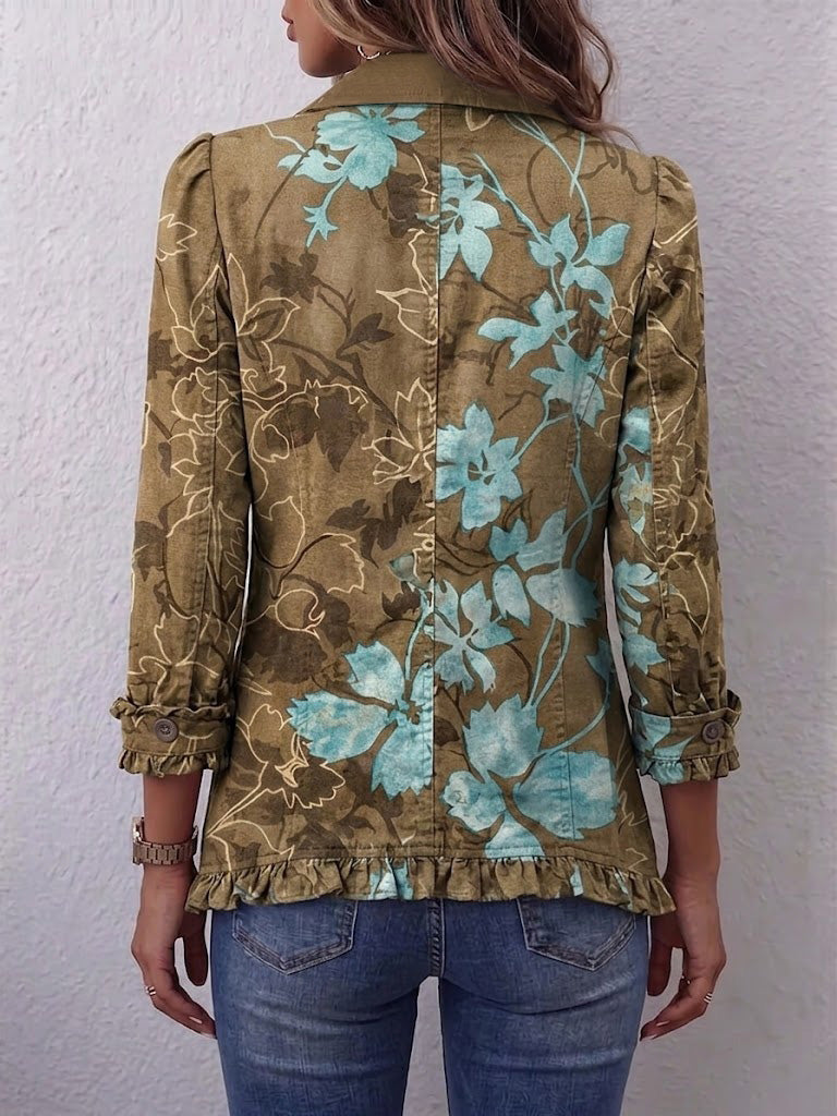 Veste bohème à fleurs olive et turquoise, vue dos, boutonnée, manches 3/4