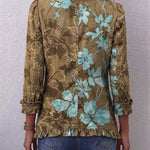 Veste bohème à fleurs olive et turquoise, vue dos, boutonnée, manches 3/4