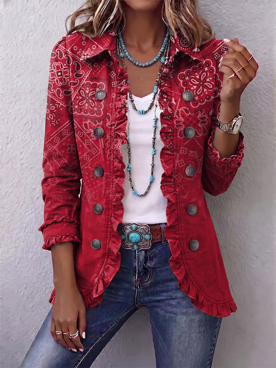 Veste rouge à motifs paisley dégradés, boutonnage et volants aux poignets et au bas