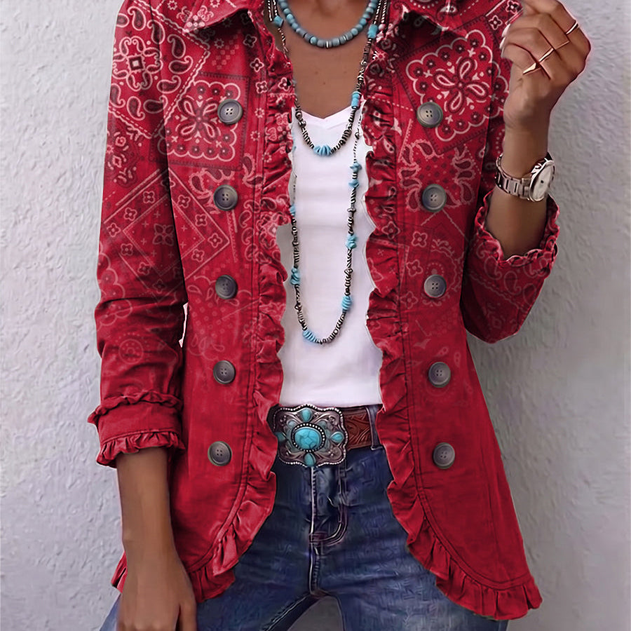 Veste rouge à motifs paisley dégradés, boutonnage et volants aux poignets et au bas