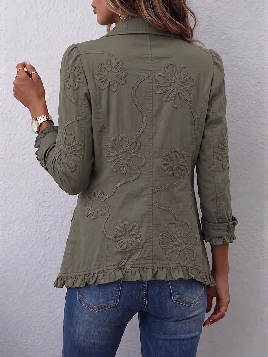 Veste vert olive brodée de fleurs au dos, col boutonné, ourlet froncé