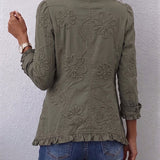Veste vert olive brodée de fleurs au dos, col boutonné, ourlet froncé
