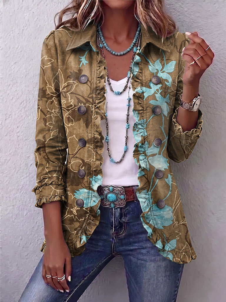Veste bohème dégradée fleuri olive et turquoise, boutonnée, col, manches 3/4