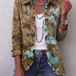 Veste bohème dégradée fleuri olive et turquoise, boutonnée, col, manches 3/4