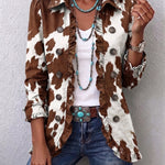 Veste en tissu marron imprimé vache, boutonnée, manches longues, volants aux bords