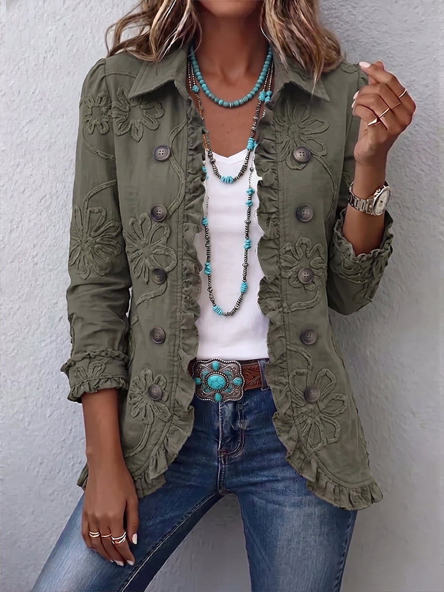 Veste bohème vert olive brodée de fleurs, boutonnée, finitions froncées aux poignets