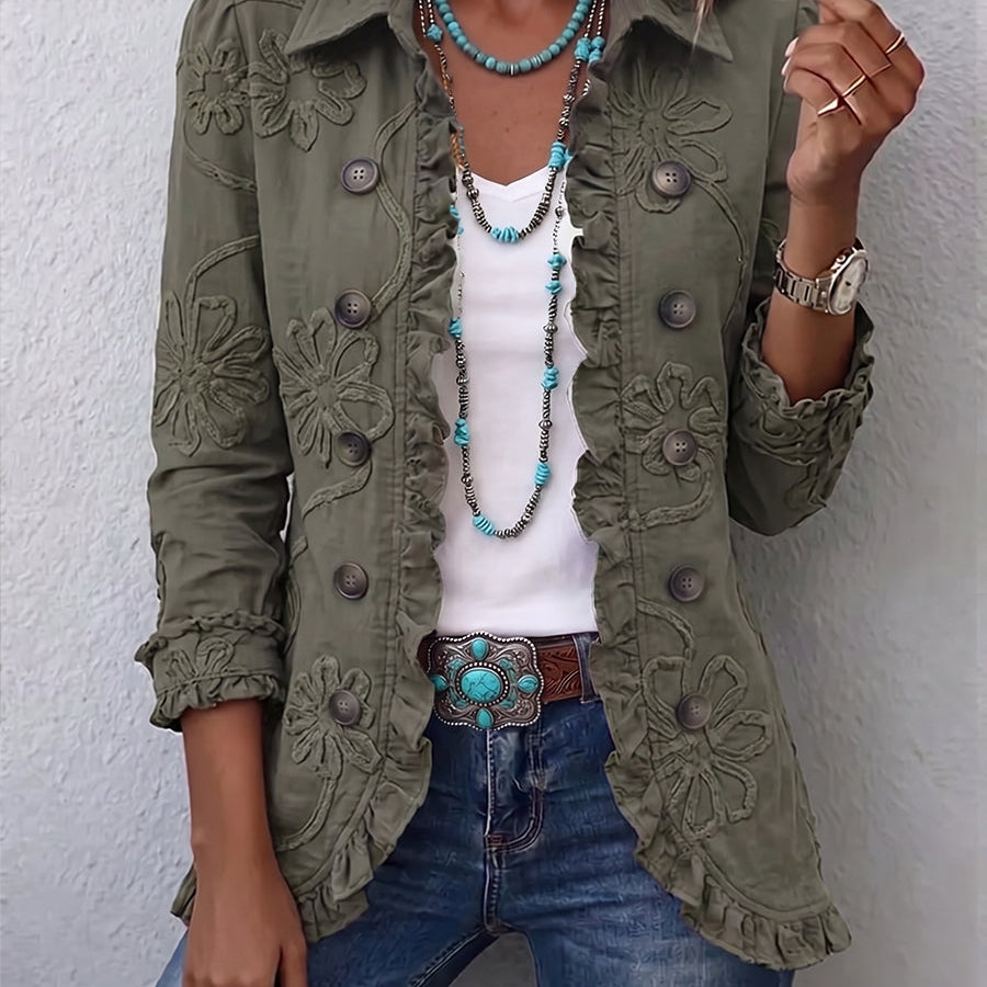 Veste bohème vert olive brodée de fleurs, boutonnée, finitions froncées aux poignets