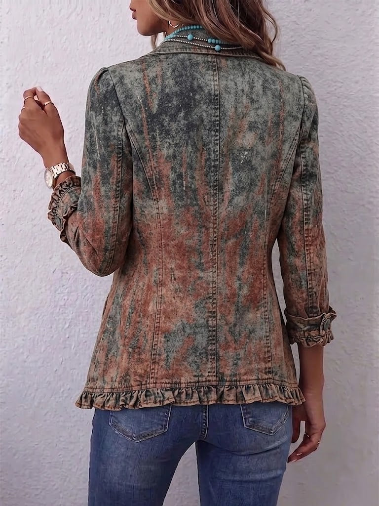 Veste vintage dégradée texturée à volants, vue dos, ourlet volanté, boutonnage