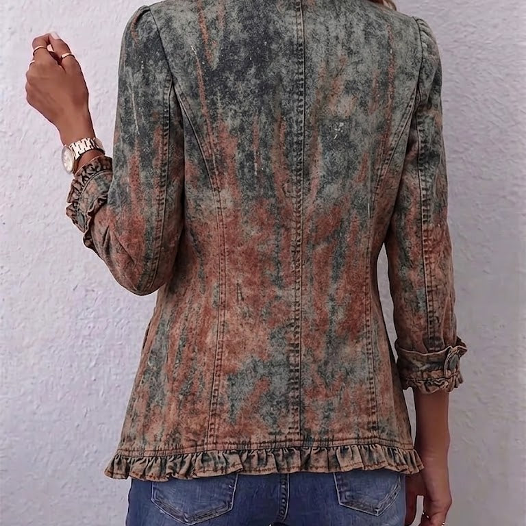 Veste vintage dégradée texturée à volants, vue dos, ourlet volanté, boutonnage