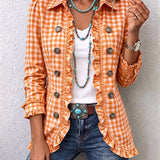 Veste à carreaux vichy orange, volants et boutons ronds, manches longues