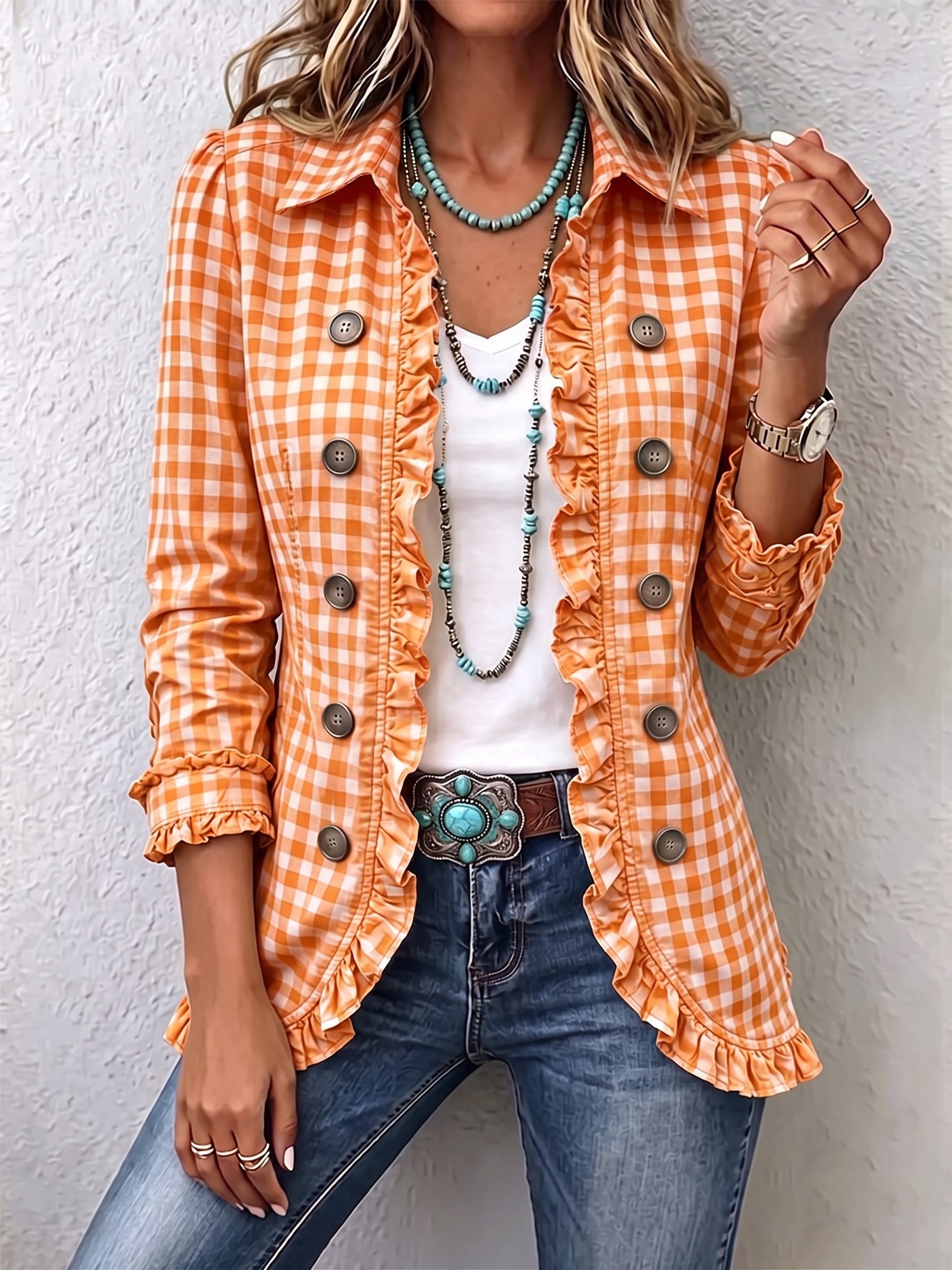 Veste à carreaux vichy orange, volants et boutons ronds, manches longues