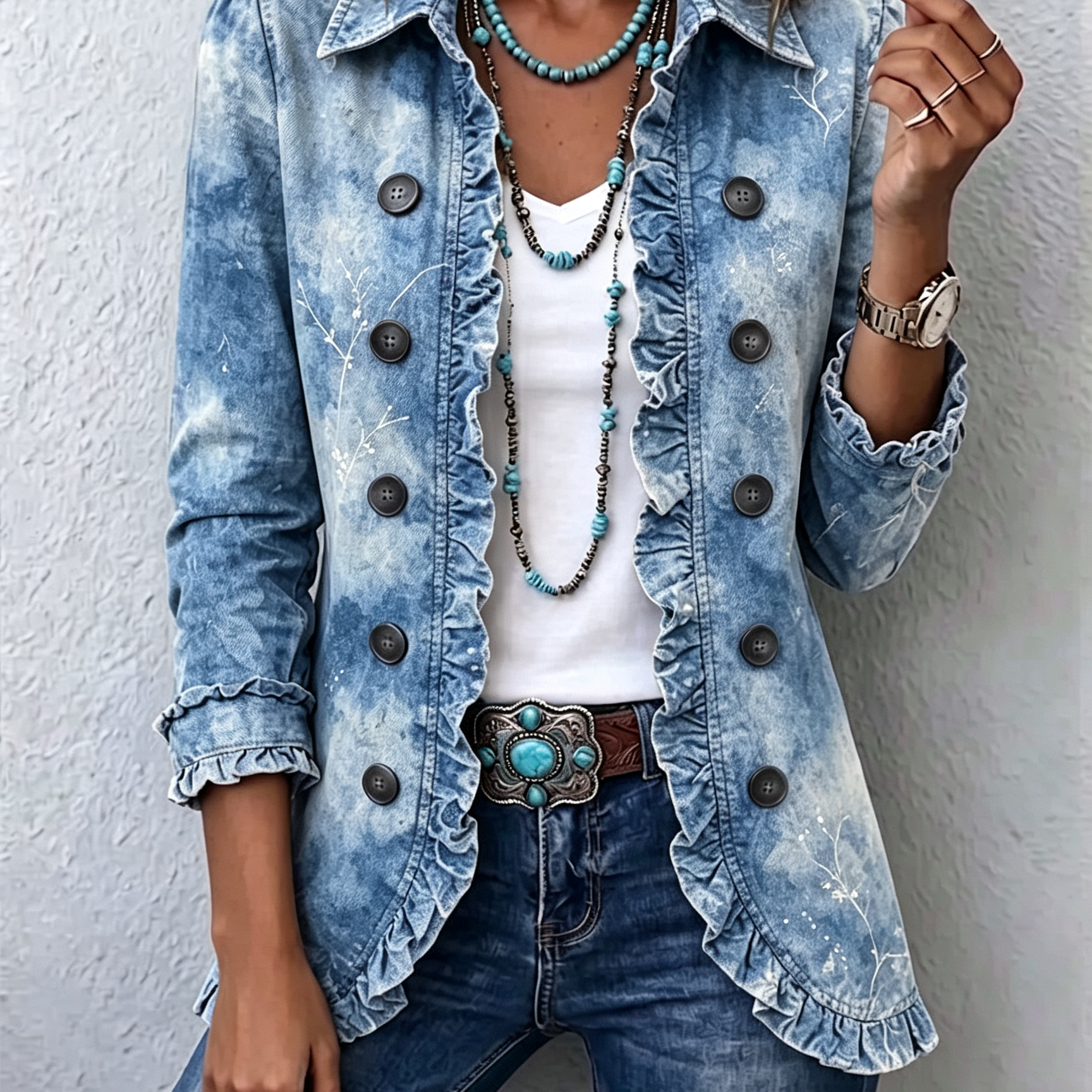 Veste en jean bleue délavée boutonnée, volants sur le devant, col classique.