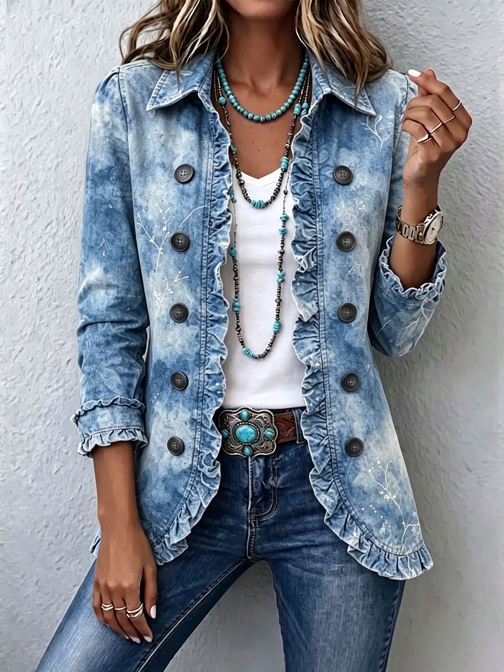 Veste en jean bleue délavée boutonnée, volants sur le devant, col classique.