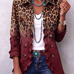 Veste blazer bordeaux dégradée avec motif léopard, boutons et volants