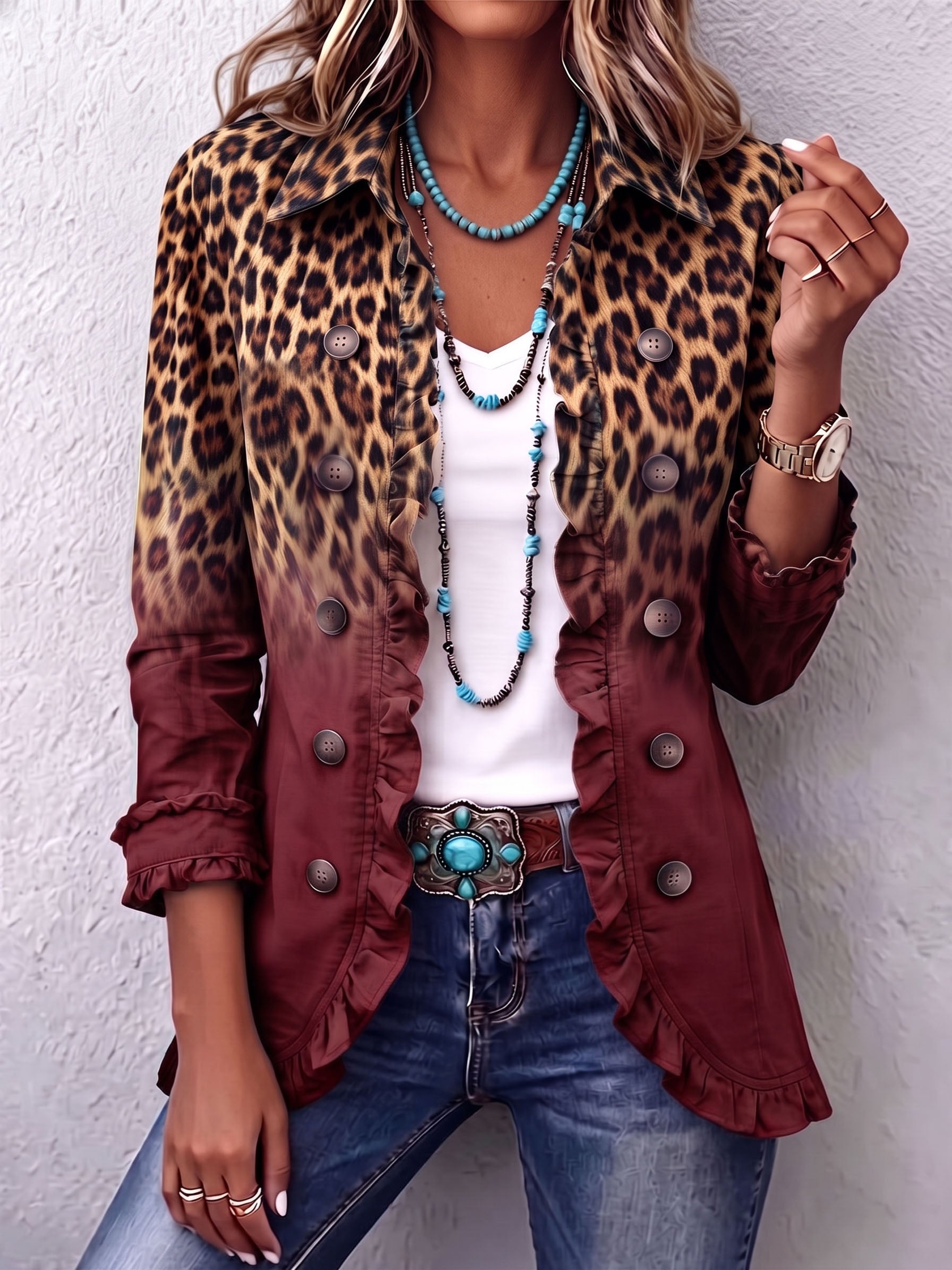 Veste blazer bordeaux dégradée avec motif léopard, boutons et volants