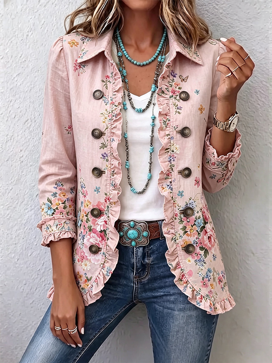 Veste fleurie rose à volants et boutons, col chemise